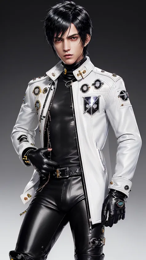 ((Final fantasy taste and reality graphics)), ((Japanese young cute and cool ikemen  boy)), his age is early 20s, thin eyebrows and beady eyes,  ((((he wearing white color and  shining brightly enamel leather thick single-brest  jacket)))), ((with epaulet)...