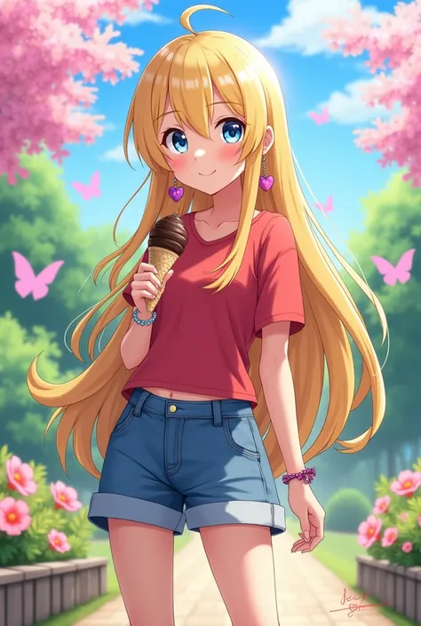 Adult Serena Tsukino with extremely long dull yellow hair with blue eyes wearing a small red shirt with a blue jeans short with purple sports shoes .. On her left hand, a pretty bracelet with heart-shaped earrings with a background of a spring landscape wi...