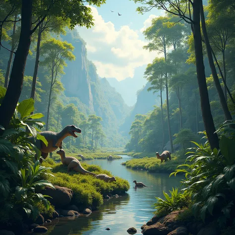 Ultra-high resolution，High-resolution details，Jurassic forest，There are dinosaurs in the distance，There are lakes and streams in the distance，Vibrant colors，Bright，Depth of Field
