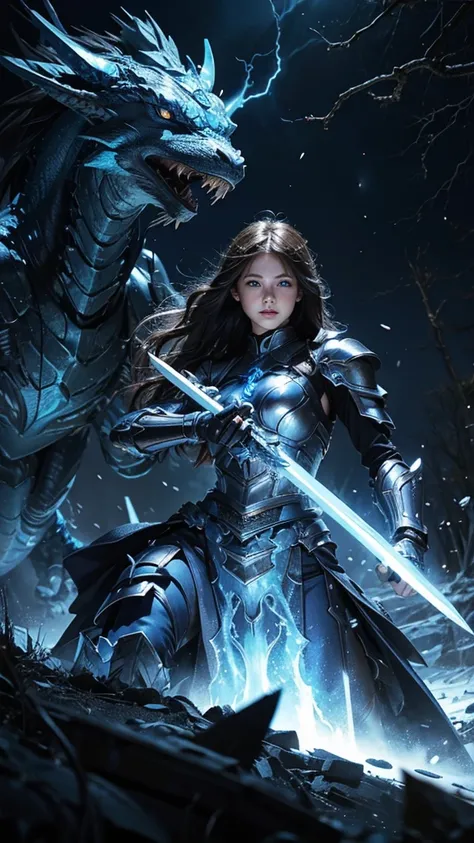 Blue long hair、Blue Eyes、Lightning is coming out of the big blue sword.、Wears blue mechanical armor with white engravings。In the great forest、High resolution of a scene facing off against a large dragon, Anatomically correct, Ultra high definition, Texture...