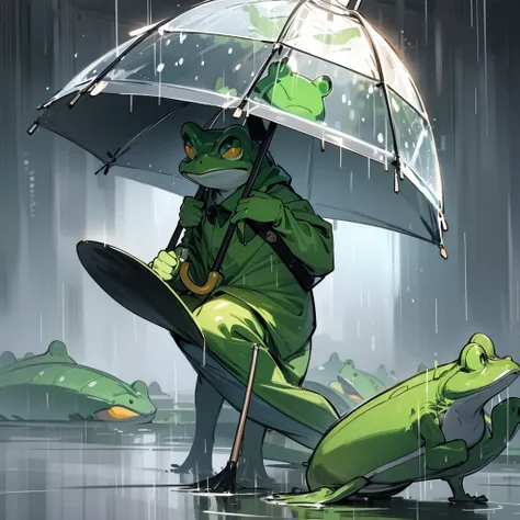 A frog enduring heavy rain with an umbrella
