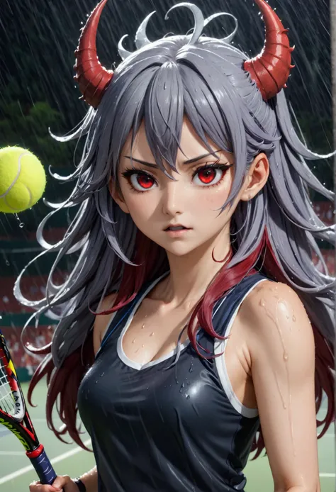 8k, Highest quality, Manga style, View your viewers, Intricate details,One person, Nakiri Ayame, 6 alternating devil black wings, ２Demon horns in the book, Multicolored Hair, Long Hair, Red eyes, Gray Hair, Tennis Wear, tennis racket, The moment the tennis...