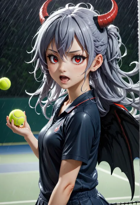 8k, Highest quality, Manga style, View your viewers, Intricate details,One person, Nakiri Ayame, 6 alternating devil black wings, ２Demon horns in the book, Multicolored Hair, Long Hair, Red eyes, Gray Hair, Tennis Wear, tennis racket, The moment the tennis...