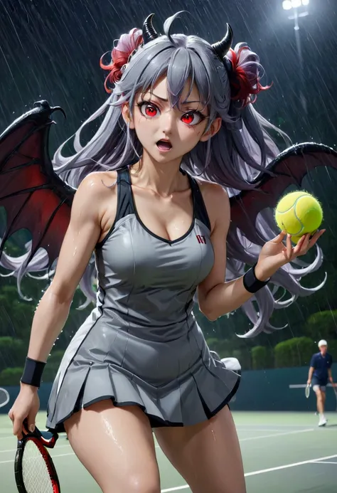 8k, Highest quality, Manga style, View your viewers, Intricate details,One person, Nakiri Ayame, 6 alternating devil black wings, ２Demon horns in the book, Multicolored Hair, Long Hair, Red eyes, Gray Hair, Tennis Wear, tennis racket, The moment the tennis...