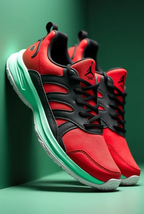 Red, green and black tennis shoes without brand
