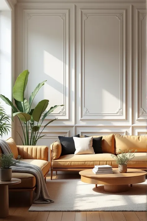 Living room with white borserie wall and wooden furniture
