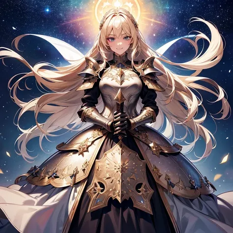 high quality,An adult woman standing alone, armored dress,Shiny and beautifully decorated armor,He holds the hilt of a beautifully decorated long sword in his hand.,Long skirt, iridescent blonde, mature female,milf, detailed face,Anatomically correct, Star...