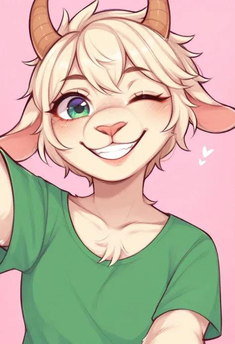 score_9, score_8_up, score_7_up, by rov, bovid, caprine, goat, horns, shirt, solo, teeth, happy, selfie, smile, furry, animal ears, one eye closed, v, green shirt, simple background, body fur, snout, grin, looking at viewer, short hair, upper body, gradien...