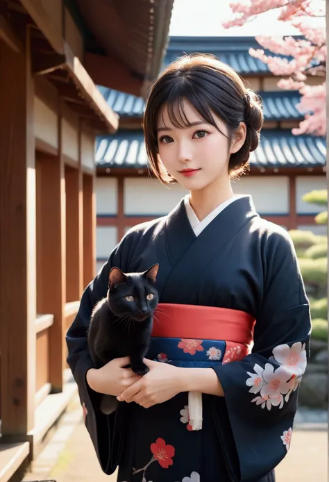 masterpiece, Best Quality, ((1 woman holding a short-haired black cat)),, illustration, Super detailed, fine details, High resolution, 8K quality wallpaper, Perfect dynamic composition, beautiful and delicate eyes, kimono, The uniform appearance of the kim...