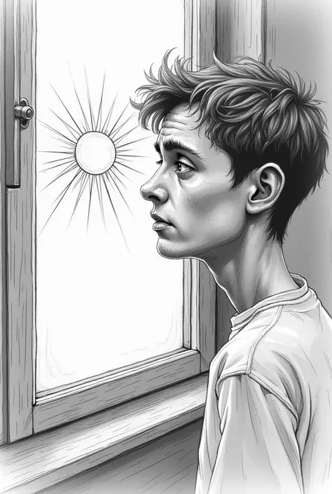 ((drawing style)) thin young man with haggard face sees the reflection of the sun in glass in a window 