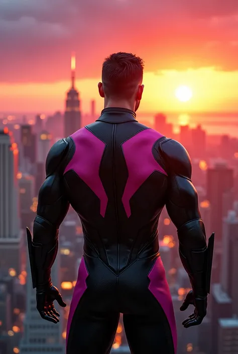 a male superhero in a black and pink suit, similar to the green arrow, with a city in the background and a sunset that looks like a movie cover and stares at the sun, showing his back
