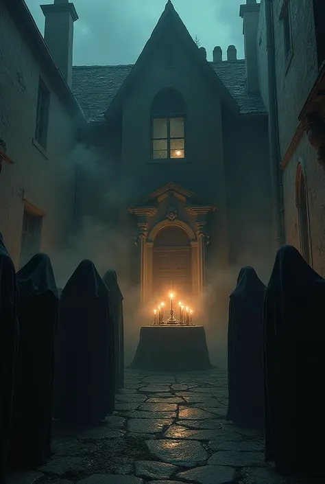 make an illustration of a house where a satanic ritual is being performed,use dark colors, do it in a scary tone to make it scary, ultrarrealisitic, extremely detaild, photoshot_( ultra), photoshotrealisitic, realisitic, Post-processing, Maximum details, r...