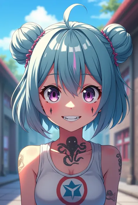 Screenshot of my hero academia.
Girl with mostly light blue hair with some shades of pastel pink, short bangs and two buns, bicolor eyes, some small tattoos on the face and octopus-themed tattoos on the neck and the teeth on the right side of his mouth are...