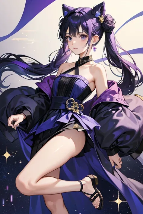 Keqings purple hair is tied into waist-length twin-tails, topped by small odango-style buns resembling cat ears. They are tied with blue-indigo ribbons that turn black at the ends. These buns sit and point a little lower than the ones she wears in her defa...