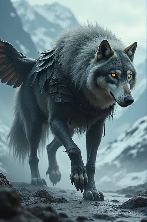 Wolf with the body of a dead winged Viking