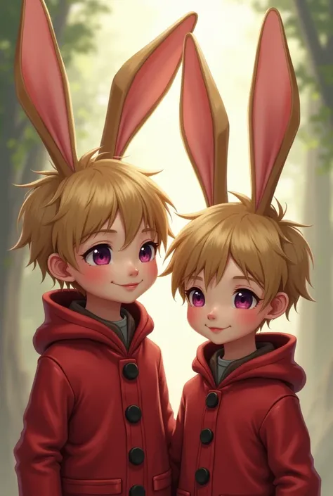 2 boy Short blonde hair Soft purple eyes With long brown hare ears with pink inside Red jacket with black buttons 