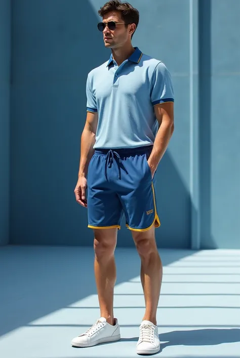 I want a model of a polo shirt and sports shorts with the colors blue, white and gold 