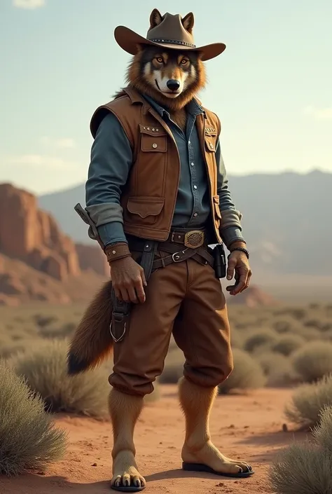 Brown-furred wolf dressed as a cowboy