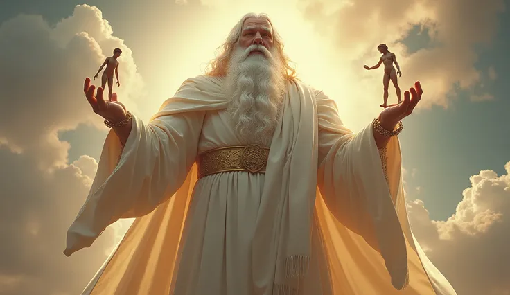 16k, 32k, UHD, masterpiece, best quality, upper body, God, who is super vast and gigantic, wearing white and shimmery gold robe, long white hair, white beard, holding a clay made 2 Adam in his hand. God is super Gigantic and Adam is as mall as Gods little ...