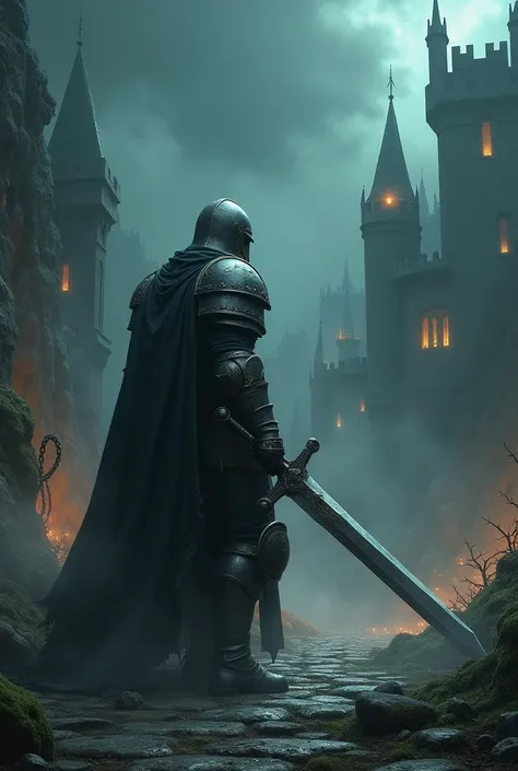 An atmospheric scene capturing the essence of a challenging action RPG video game. Show an armored knight wielding a massive sword, standing against an eerie backdrop of a crumbling castle under a dark, ominous sky. The knights armor is tarnished and weath...