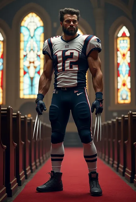 Profile picture of a young Logan Wolverine, in a church , in a New England Patriots jersey suit #12