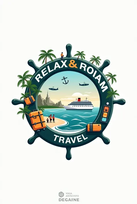 make me a witty, clean, elegant logo, combination of the letter of these RELAX & ROAM TRAVEL with a vibe of relaxing vacations, anchor, steering wheel, cruise ship, travelers, guests, tour guides, island, travel bags, airplane, bus, sea water and the name ...