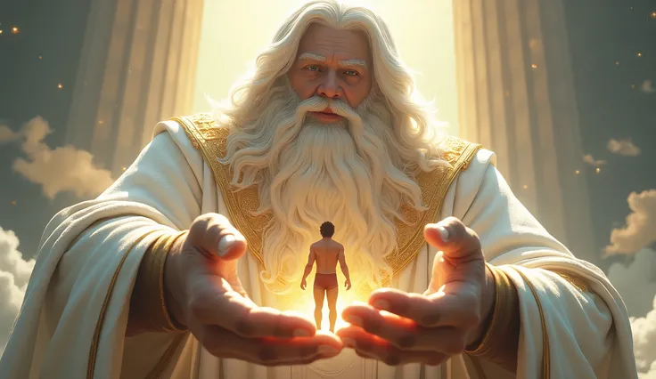 16k, 32k, UHD, masterpiece, best quality, upper body, God, who is super vast and gigantic, wearing white and shimmery gold robe, long white hair, white beard, holding a clay made 2 Adam in his hand. God is super Gigantic and Adam is as mall as Gods little ...