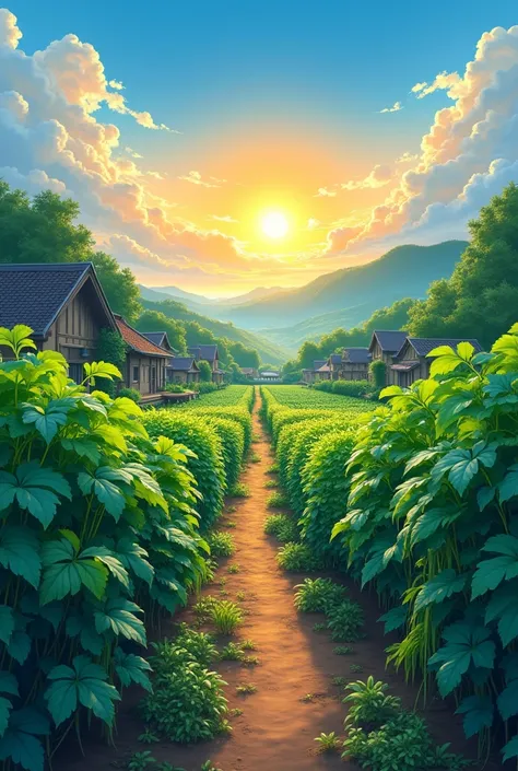 illustration of a village plantation with sweet potato plants. blue sky and sunrise