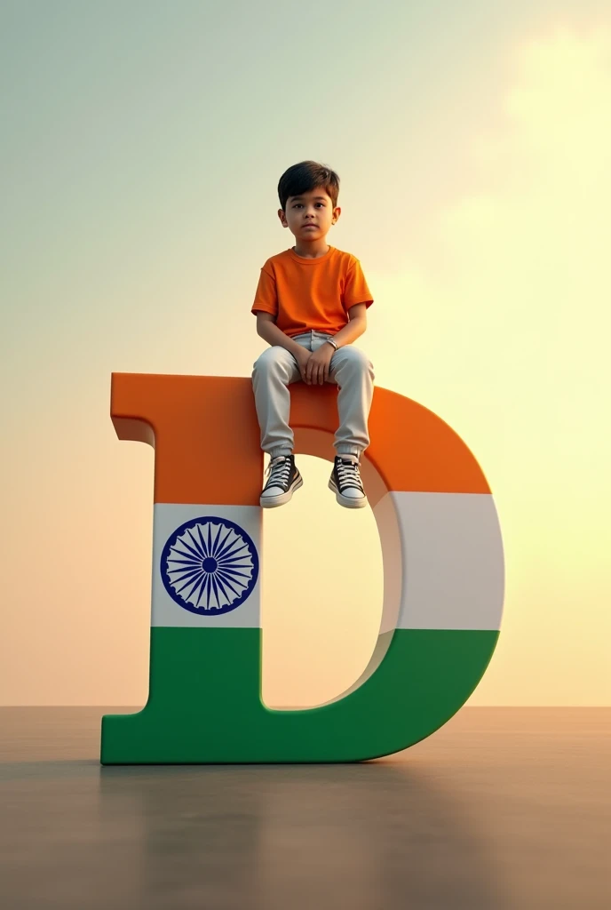 Create high quality realistic image of 1 Boy sitting on a large 3D letter “D” which is colored with the Indian flag design, featuring orange, white, green stripes and a blue Ashoka Chakra in the center. The background should be a soft gradient from warm to...