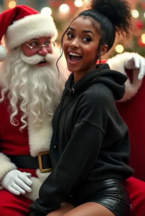 black woman hair in a bun black hoodie black leather short shorts excited look on her face with eyes really big and wide open setting on santa claus lap at the mall side shot 
