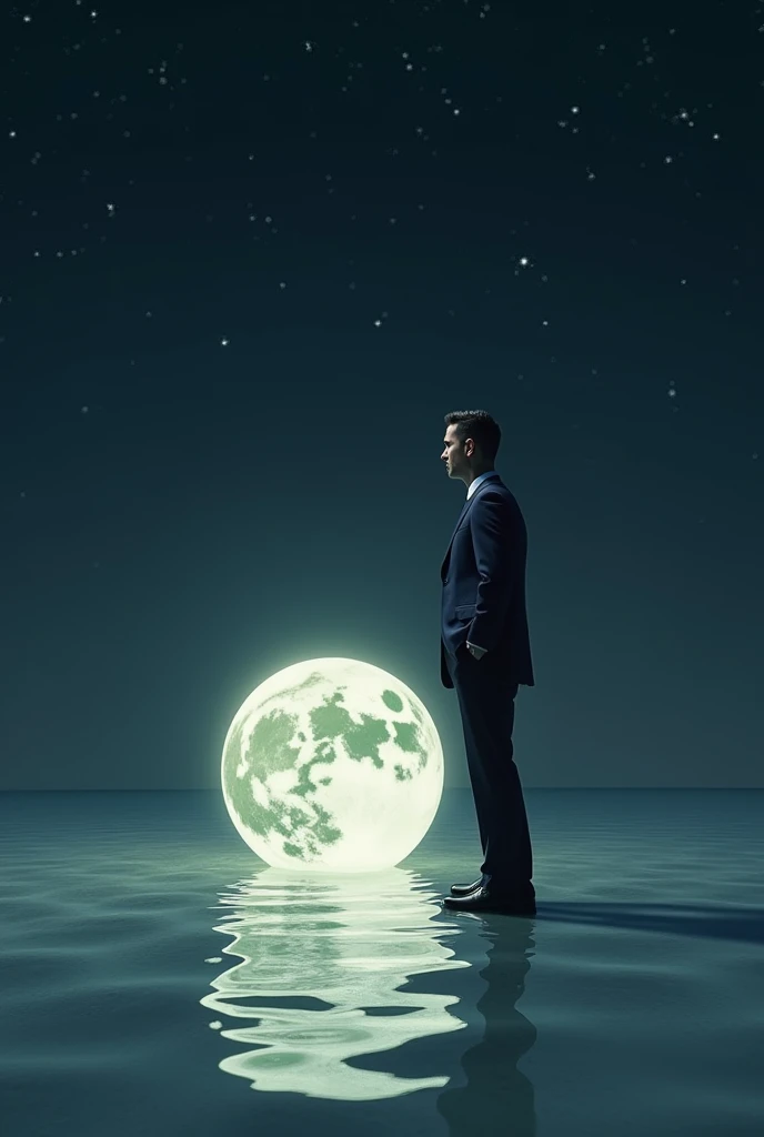 A realistic side view photo of a man in a business suit looking at the sphere on top of a light gray floor with water all over the floor!, and the sky is black with few stars and in front of it a giant optimistic light yellow sphere representing the opport...