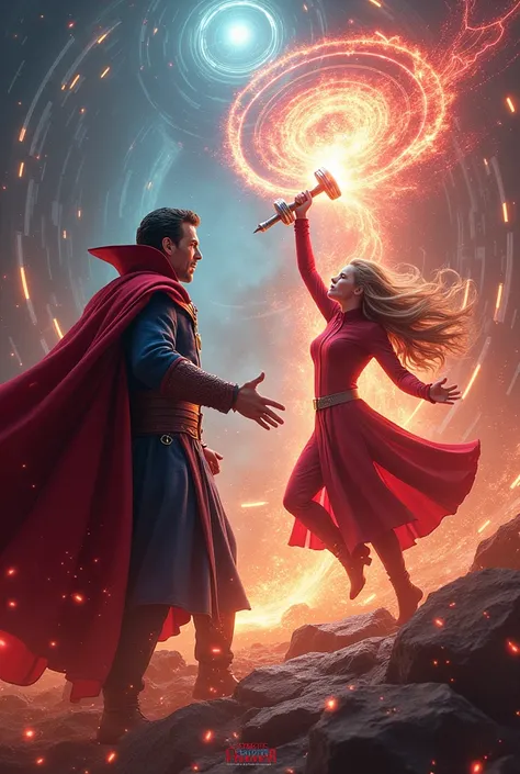 Docter strange is fighting to wanda and thor is throwing the hammer on to the doctor strange 