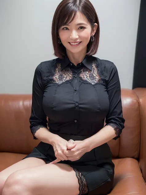 (Highest quality:1.5)、(masterpiece:1.5)、(8k:1.5)、(Big Breasts:1.35)、(Black business shirt with lace:1.5)、(Tight skirt with side slits:1.5)、(Slender:1.2)、(Blushing:1.5)、(smile:1.5)、whole body、(Thin and beautiful legs:1.3)、(Sitting cross-legged:1.5)、(50 year...