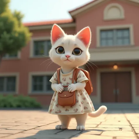 Against the background of the school、Realistic image of a 3D cat wearing a dress and holding a bag