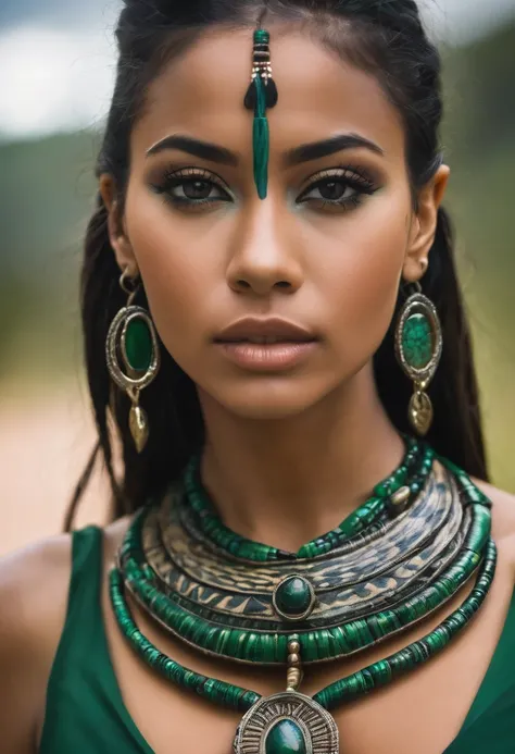 very beautiful woman with features of a beautiful Brazilian indigenous woman, wearing a dark green dress and jewelry that reminds us of snakes, her skin is covered in tribal tattoos that allude to snakes.