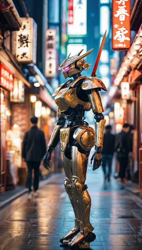 Girl walking on the street holding a phone texting, , walking next to a highly detailed and realistic samurai robot bodyguard with humanoid features. The setting is an urban street that appears to be in Japan, with a background of bright city lights and si...