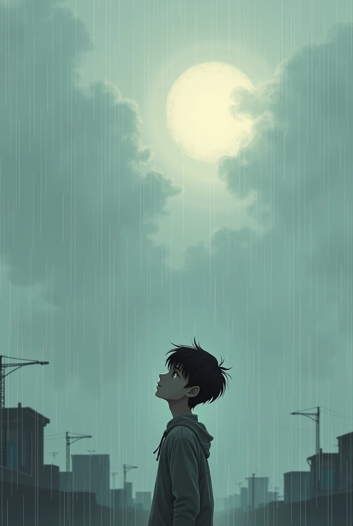 ((drawing style)) thin young man and sees that the sky remains cloudy and rainy and the sun has not appeared 