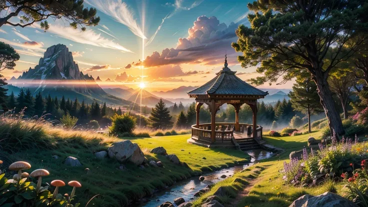 fairytale view with fantasy bandstand in a city park, dramatic mountain range, rocks plants flowers shrubs bushes trees moss stream lawns grass mushrooms fireflies,colourful sunset and strong sunbeams,very hazy,extreme details,photorealistic,4k,HD,beautifu...