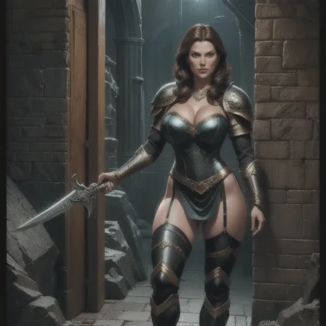 a young woman, beautiful warrior princess, long dark brown hair, wearing metal armor, smiling, large breasts, visible cleavage, holding a huge sword, full body front view, standing in a fortress, (best quality,4k,8k,highres,masterpiece:1.2),ultra-detailed,...