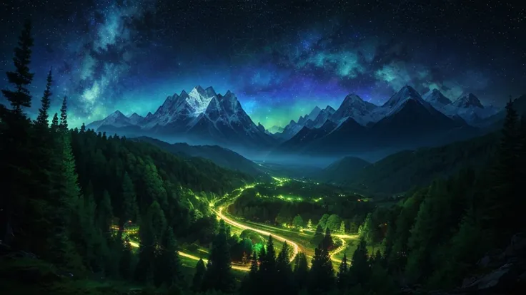 anime landscape full of stars and high quality details. ultrasharp. realistic shaders. night. forest. mountains. 8k