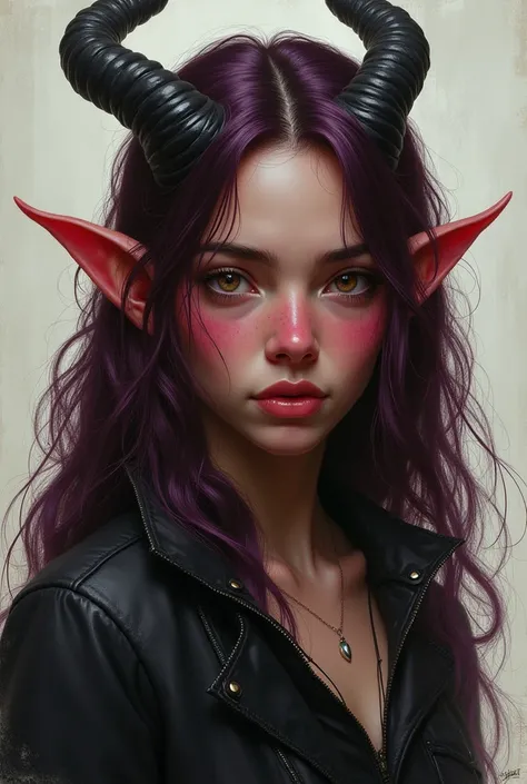 Young adult one-horned tiefling with hair 