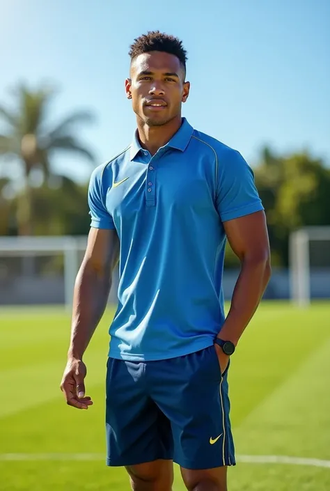 I want a model of a polo shirt and sports shorts for soccer with the colors blue, white and gold with a round neck
