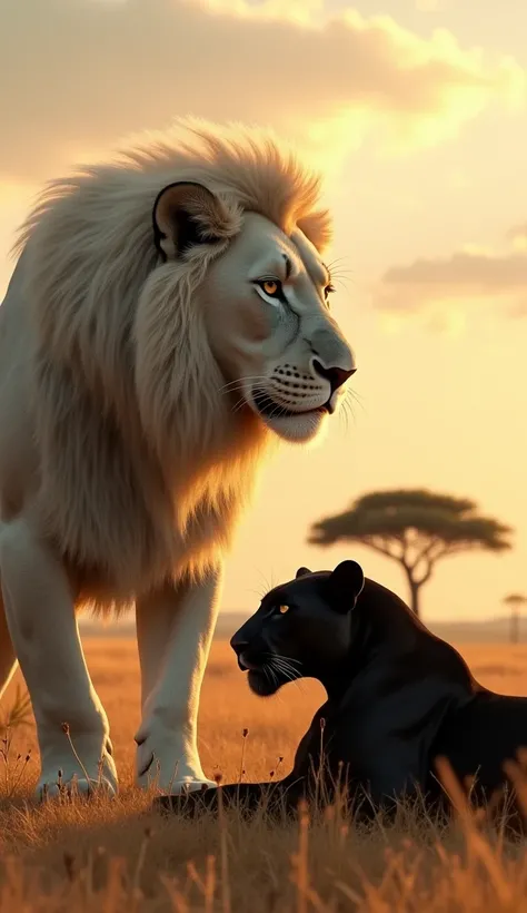 Create a scene in the African savannah during the golden hour, where a majestic white lion with a thick mane stands protectively over a resting black panther. The lion has a fierce expression, while the panther lies peacefully on the dry grass. In the back...