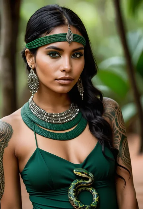 very beautiful woman with features of a beautiful Brazilian indigenous woman, wearing a dark green dress and jewelry that reminds us of snakes, her skin is covered in tribal tattoos that allude to snakes.