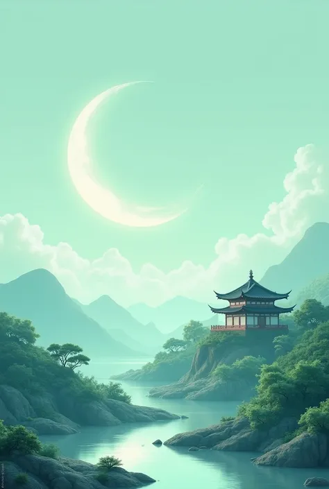 (photorealism:1.2, make a landscape background, with shining moon, mint blue, mint green background, add some small building above, make it realistic and high quality, traditional style, cultural sort of chinese or south east asia.