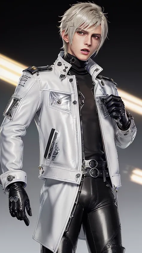 ((Final fantasy taste and reality graphics)), ((Japanese young cute and cool ikemen  boy)), his age is early 20s, thin eyebrows and beady eyes,  ((((he wearing white color and  shining brightly enamel leather thick single-brest  jacket)))), ((with epaulet)...