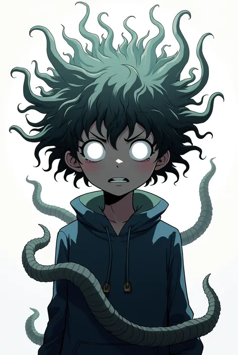 Panel bnha, white-eyed boy with white pupils and hair made of snakes like jellyfish , white test 