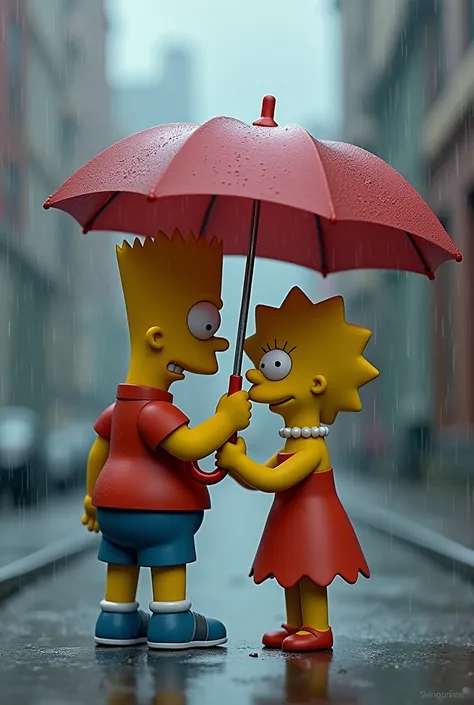 Brothers Bart and Lisa Simpson in a cute moment. Bart is looking angry and holding the umbrella with only one hand., reaching out towards Lisa protecting only her, while being exposed to the rain while protecting it. Bart is facing away from Lisa and the u...