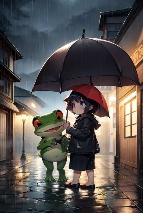 Frog with an umbrella、heavy rain、typhoon