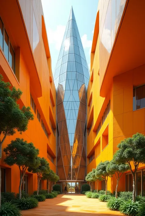 Give me an architectural concept of a diamond coming out of an orange 
